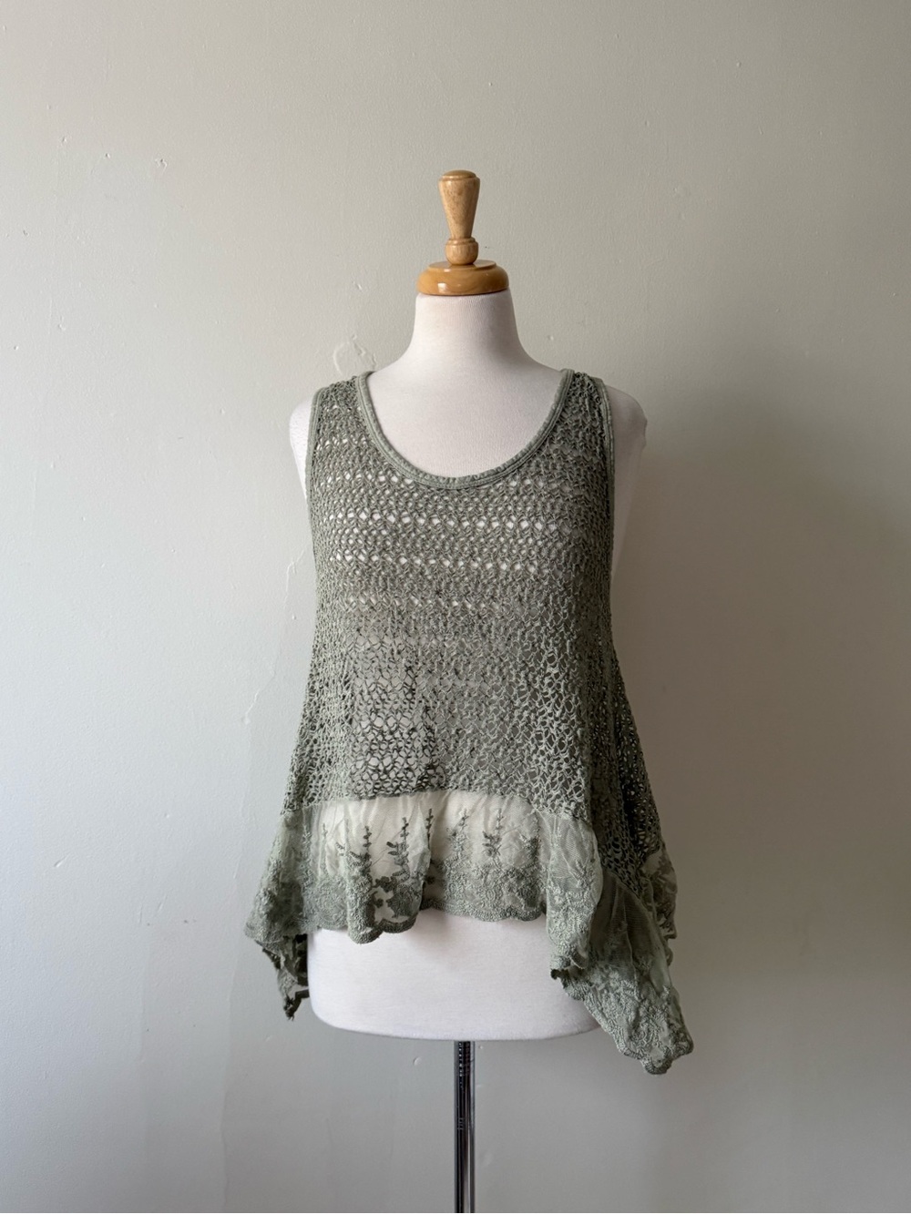 Italian Cotton Crochet Lace Boho Tank Top | Sage Green Handkerchief Hem Tunic